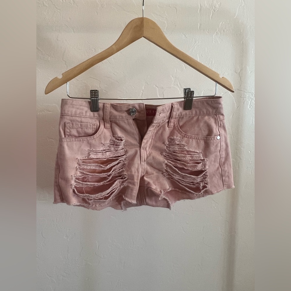 Guess Cut Off Distressed Jeans Shorts, Pink, Size 25
